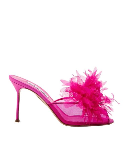 Aquazzura Pink Poeme 85 Appliquéd Mesh And Satin Peep-Toe Mules
