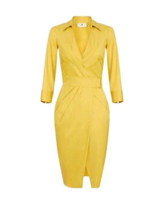 Elisabetta Franchi Yellow Wraparound Midi Dress