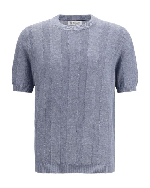 Brunello Cucinelli Blue Short Sleeve Crew Neck Jumper for men
