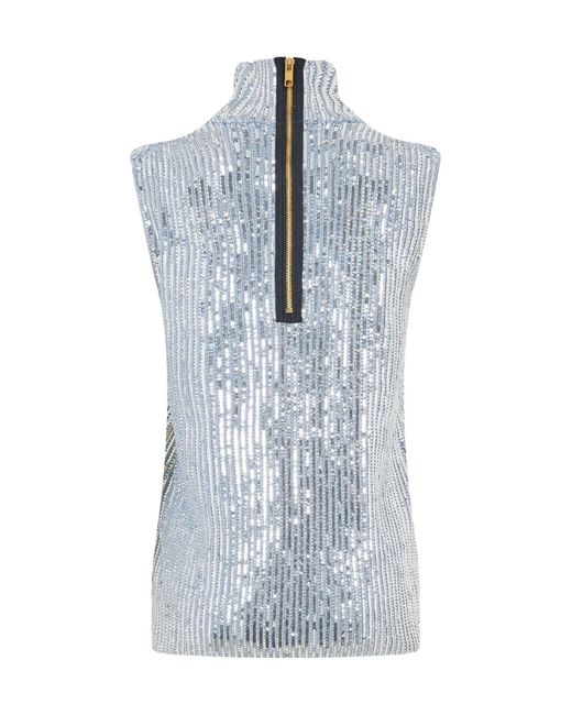 Gucci Blue Sequinstriped Turtleneck Sleeveless Top