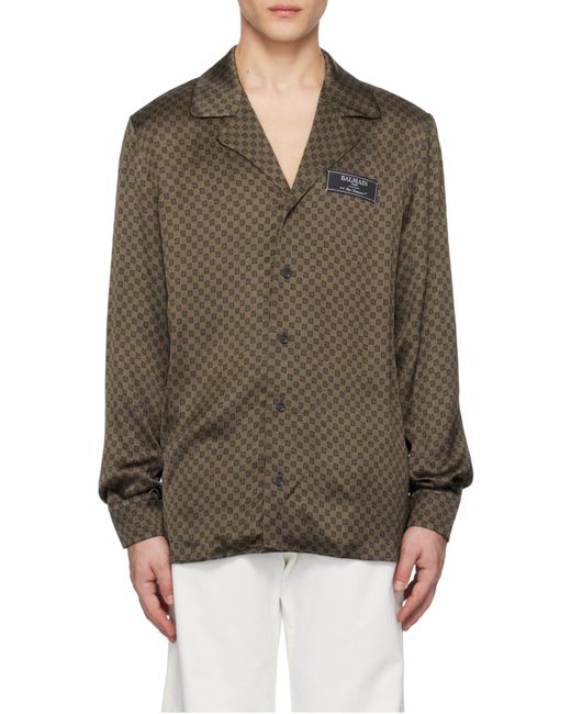 Balmain Brown Monogram-Print Satin Shirt for men