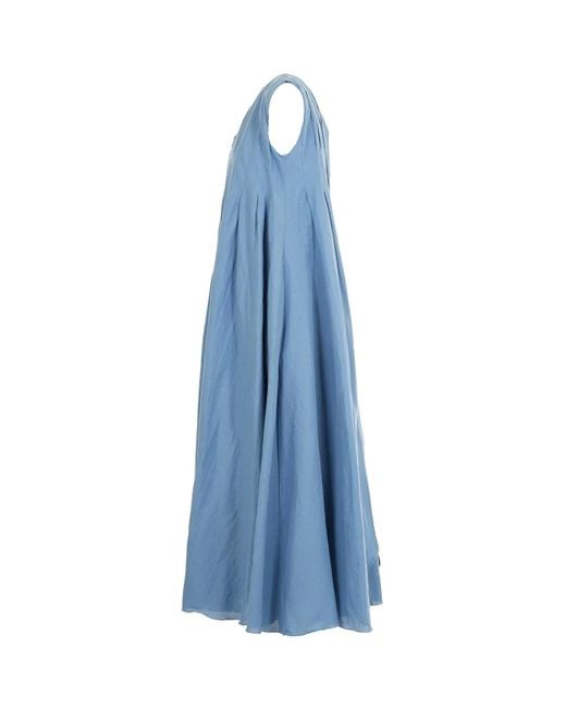 Max Mara Blue 'S Piega V-Neck Pleated Sleeveless Dress