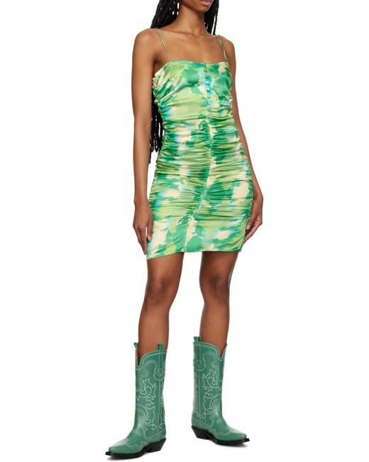 Ganni Green Silk Stretch Satin Mini Dress