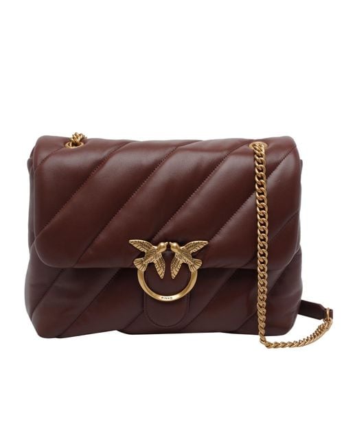 Pinko Brown Love Big Puff Chain-Linked Shoulder Bag