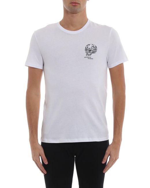 McQueen White Printed T-Shirts With Flowers And Skulls for men
