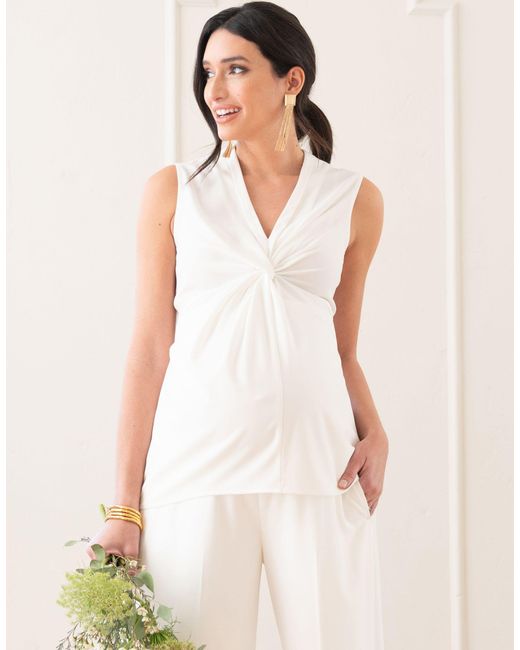 Seraphine White Woven Crepe Sleeveless Twist Front Top