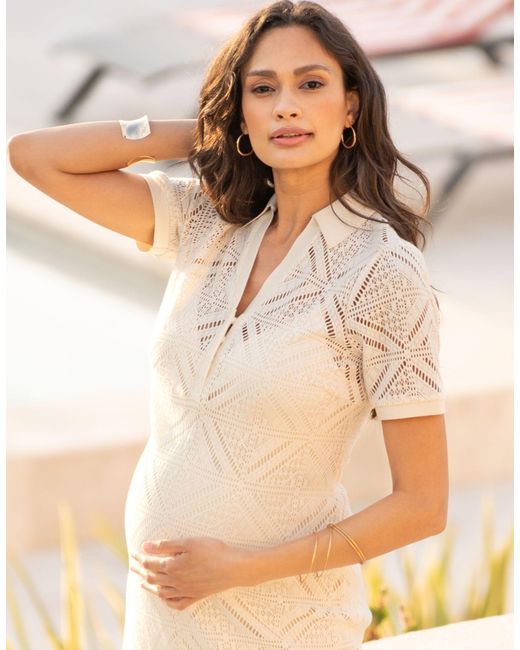 Seraphine White Crochet-look Collar Maternity-to-nursing Midi Dress