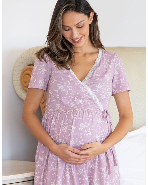 Seraphine Lilac Floral Print Maternity To Nursing Wrap Nightdress With