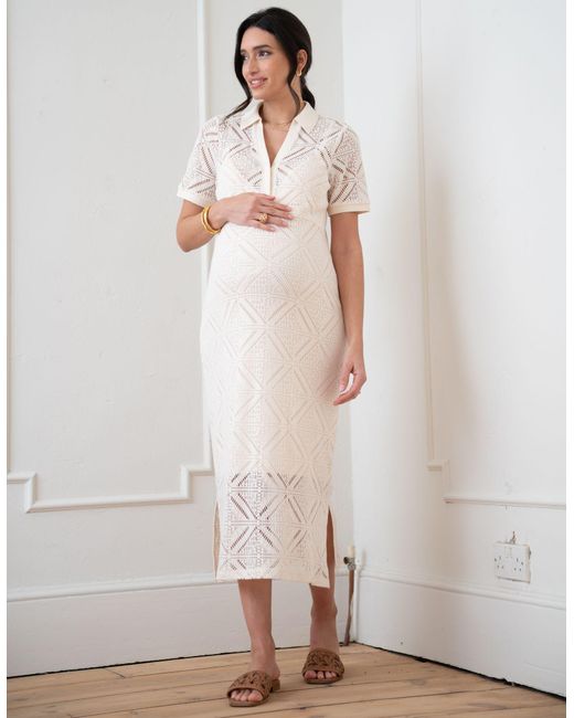 Seraphine Crochet-look Collar Maternity-to-nursing Midi Dress in White