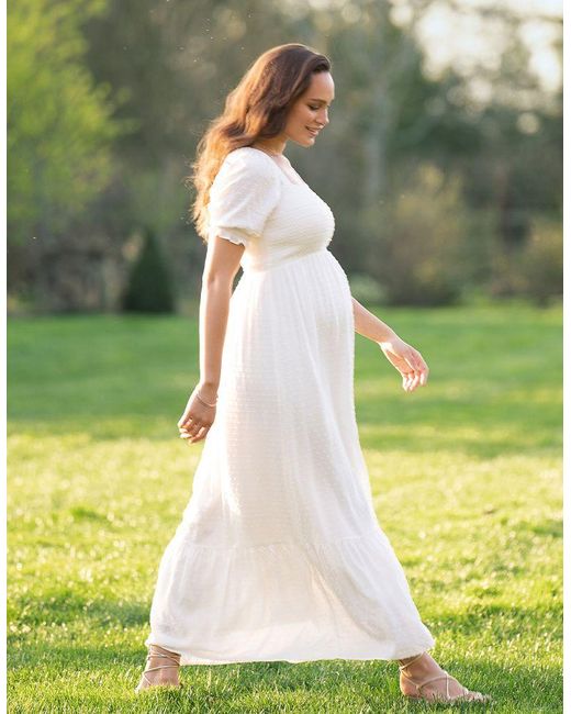 White Shirred Maternity Maxi Dress | Lyst