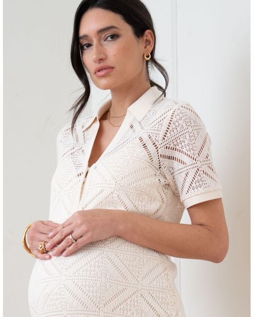 Seraphine White Crochet-look Collar Maternity-to-nursing Midi Dress