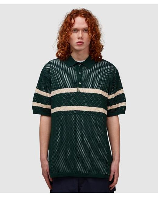 Beams Plus Green Knit Mesh Stripe Polo for men