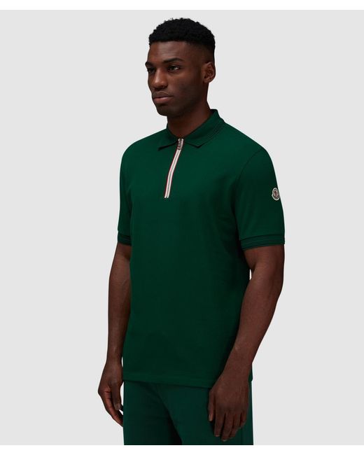 Moncler Green Zip Placket Trim Polo T-Shirt for men