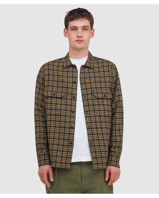 Universal Works Brown Bang Check Utility Shirt for men