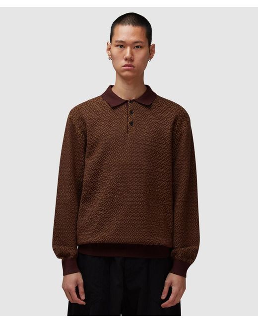 Beams Plus Brown Knit Polo Diamond Patterned Sweater for men