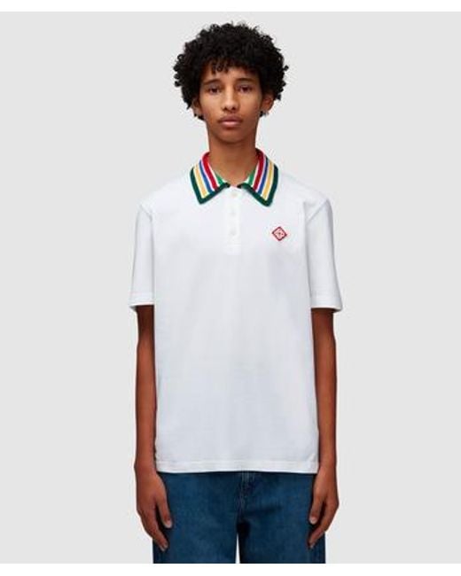 Casablancabrand White Stripe Knit Collar Polo Shirt for men
