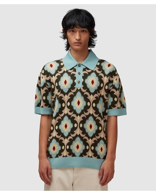 Drole de Monsieur Green Tapestry-Knit Polo Shirt (Kaki for men