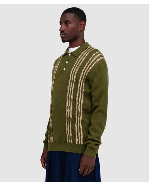 Beams Plus Green Knit Polo Born Stripe 14G Shirt for men