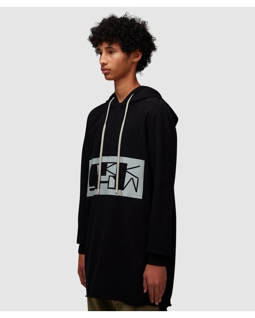 Rick Owens Black Maxi Hoodie With Logo Print for men