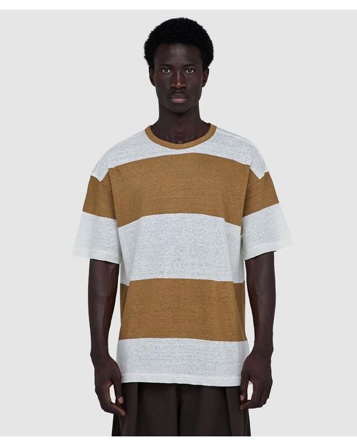 YMC Brown Triple Wide Stripe T-Shirt (Taupe/Off for men