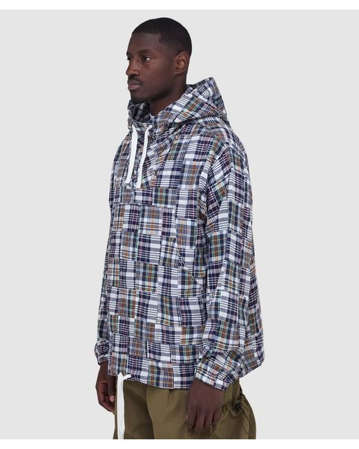 Beams Plus Blue Mil Patchwork Madras Smock Hoodie for men