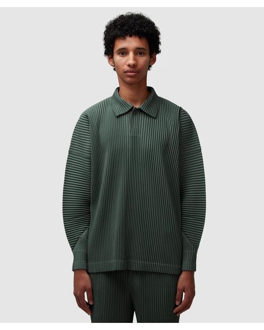 Homme Plissé Issey Miyake Green Pleats Long Sleeve Polo Shirt (Moss for men