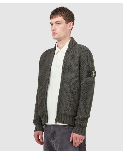 Stone Island Green Pure Wool Stitch Zipped Cardigan (Military for men