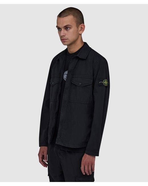 Stone Island Blue Stretch Organic Cotton Twill Hooded Overshirt for men