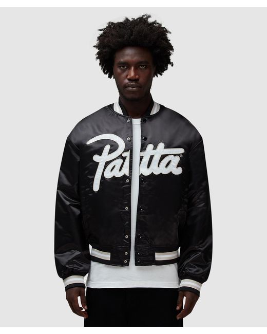 PATTA Black Script Logo Satin Varsity Jacket for men