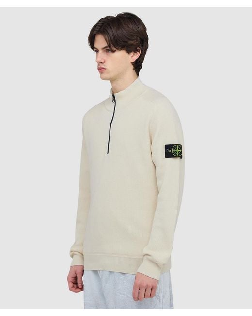 Stone Island White Ribbed Cotton Long Sleeve Polo Sweatshirt (Ivory for men
