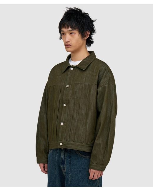 Estudio Niksen Green Back Strap Pleated Trucker Jacket (Khaki for men