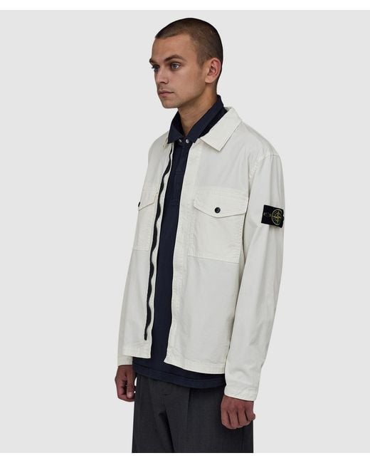 Stone Island White Stretch Organic Cotton Twill Hooded Overshirt for men