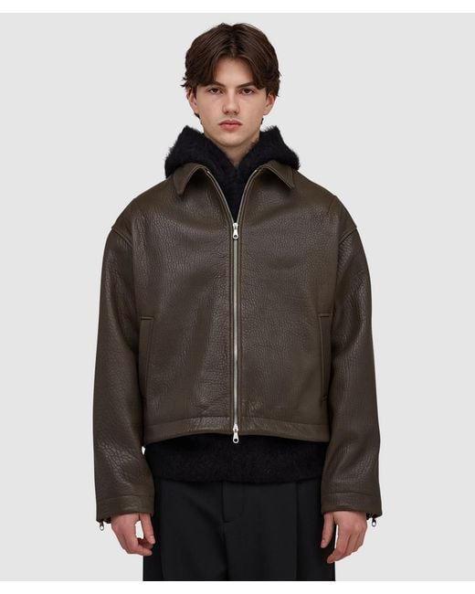 Cole Buxton Brown Shrunken Leather Jacket (Khaki for men