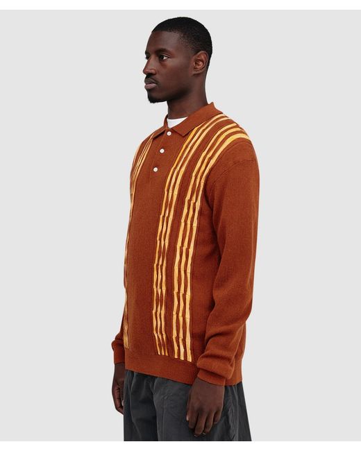 Beams Plus Brown Knit Polo Born Stripe 14G Shirt for men