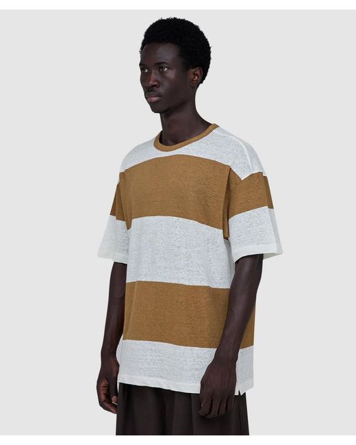 YMC Brown Triple Wide Stripe T-Shirt (Taupe/Off for men