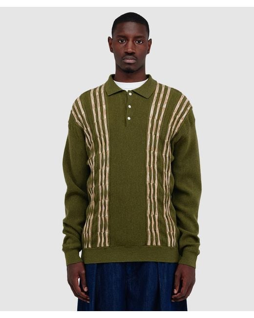 Beams Plus Green Knit Polo Born Stripe 14G Shirt for men