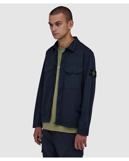 Stone Island Blue Stretch Organic Cotton Twill Hooded Overshirt for men