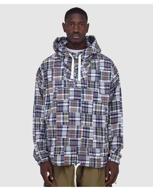 Beams Plus Blue Mil Patchwork Madras Smock Hoodie for men