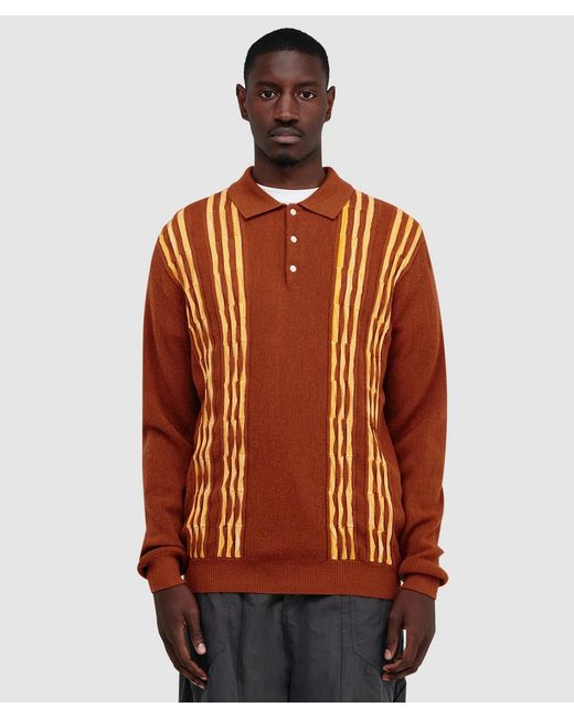 Beams Plus Brown Knit Polo Born Stripe 14G Shirt for men