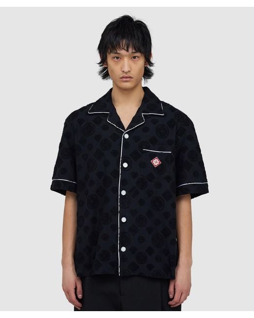 Casablanca Black Monogram Jacquard Short-Sleeved Shirt With Camp Collar for men