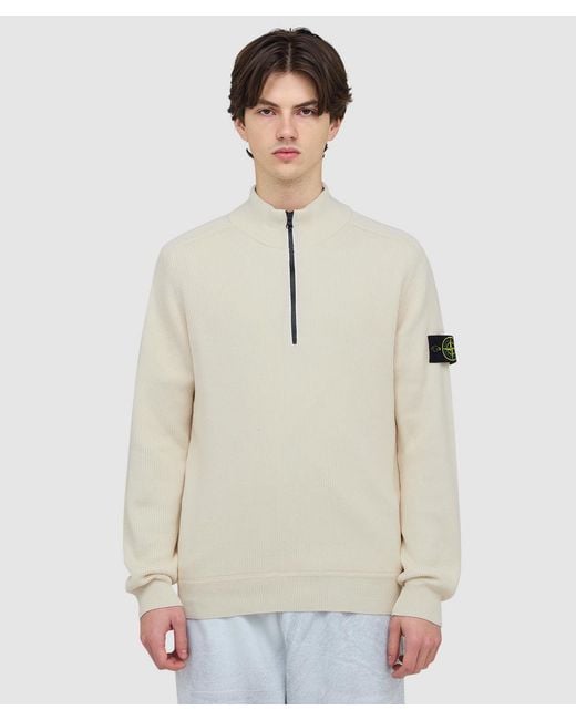 Stone Island White Ribbed Cotton Long Sleeve Polo Sweatshirt (Ivory for men