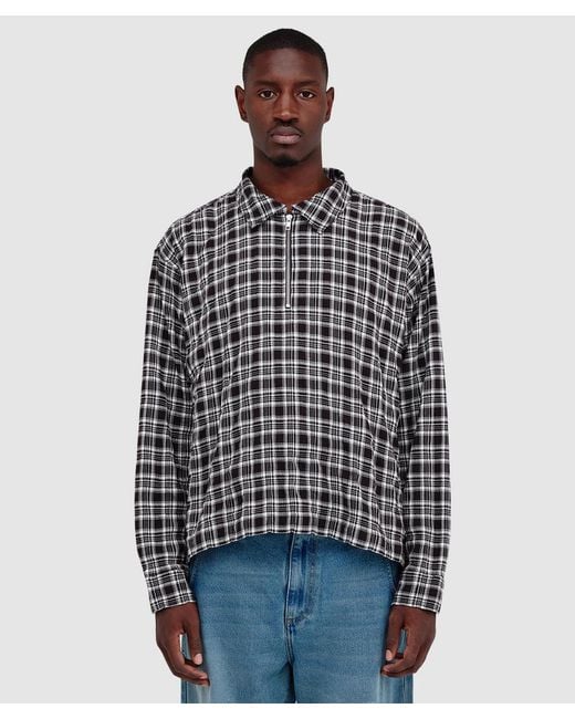 mfpen Blue Quarter Zip Shirt (Coffee Textured Plaid for men