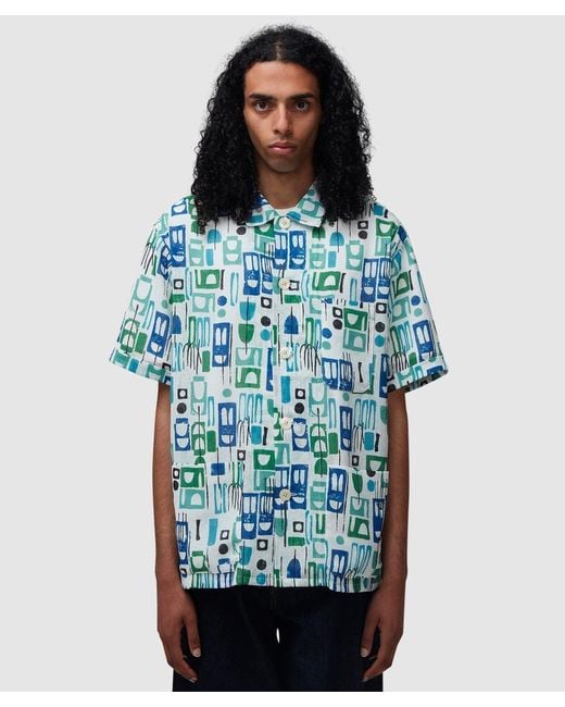 Beams Plus Blue Beach Short Sleeve Shirt for men