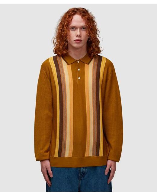 Beams Plus Brown Stripe Long Sleeve Polo Shirt for men