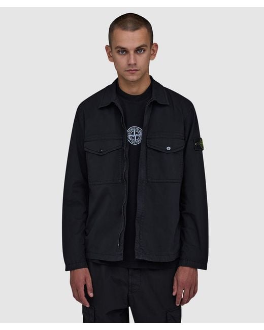 Stone Island Blue Stretch Organic Cotton Twill Hooded Overshirt for men
