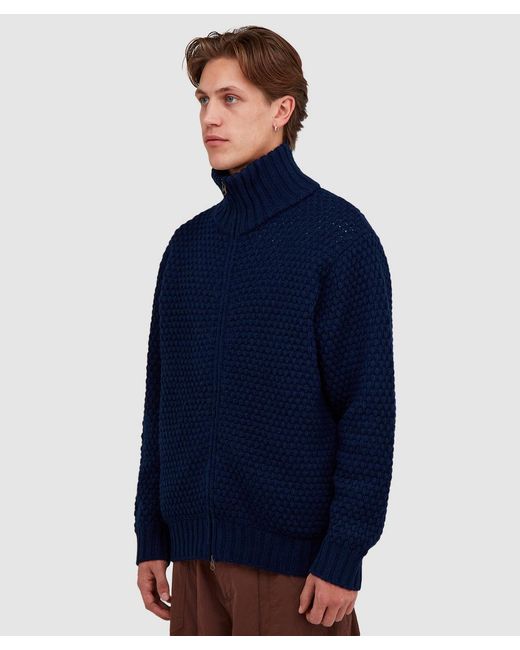 Beams Plus Blue Popcorn Pattern Cardigan for men