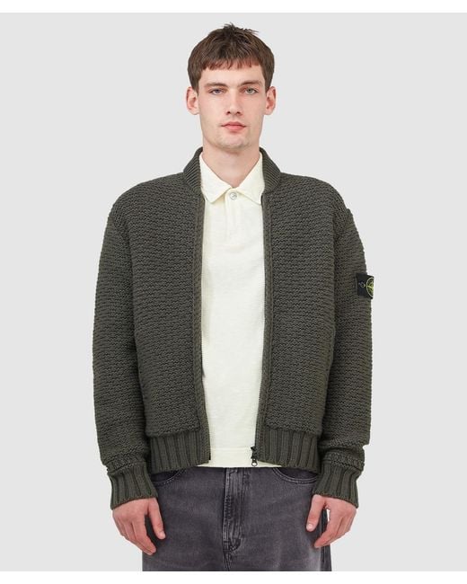 Stone Island Green Pure Wool Stitch Zipped Cardigan (Military for men