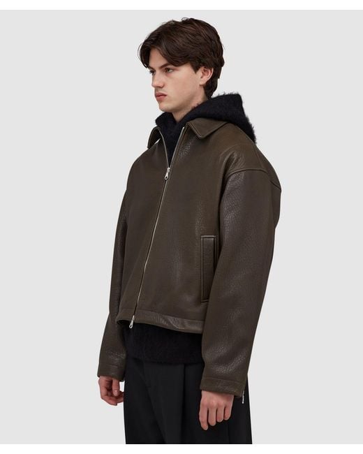 Cole Buxton Brown Shrunken Leather Jacket (Khaki for men