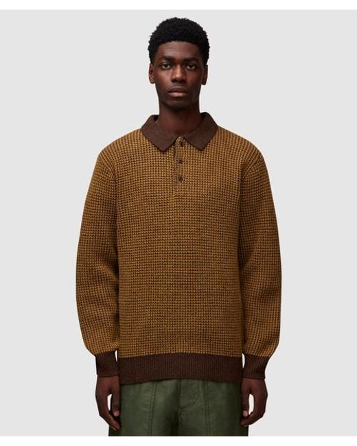 Beams Plus Brown Crochet Knit Long Sleeve Polo Shirt for men