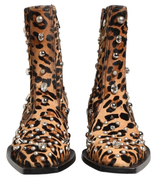 Dolce & Gabbana Brown Leopard Embellished Mid Calf Men Boots Shoes for men